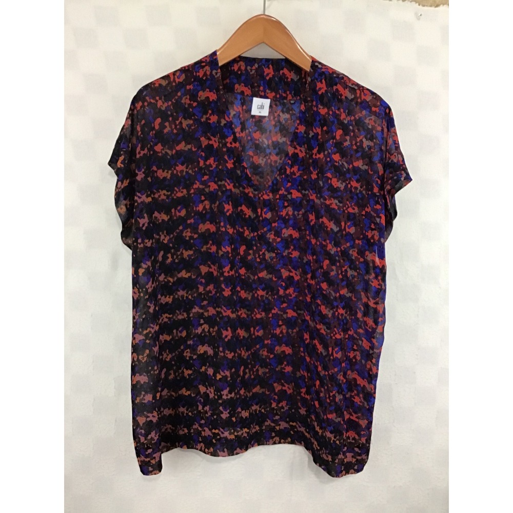 Cabi Abstract Print V-Neck Chiffon Blouse Multicolor XL Short Sleeve Top
